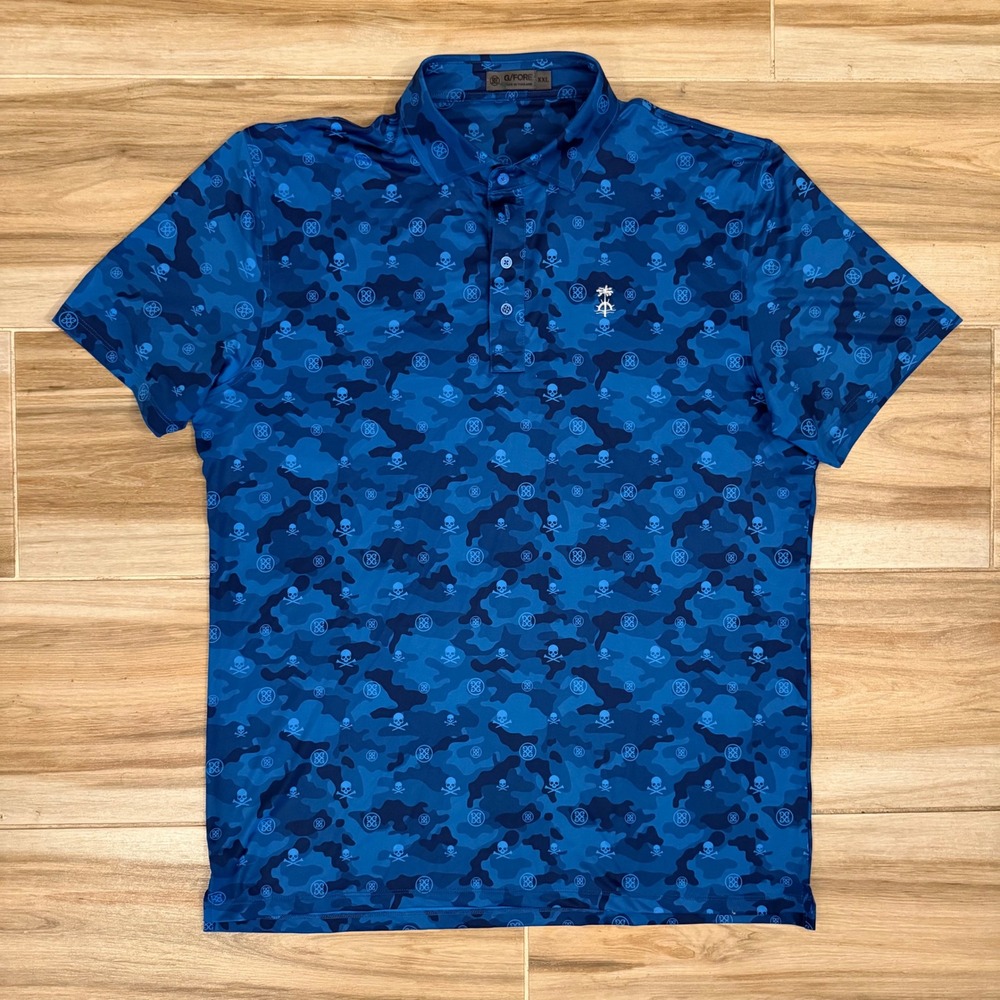 G/FORE Mens XXL Blue Camo Skull Crossbones Circle G Golf Polo Shirt Short Sleeve